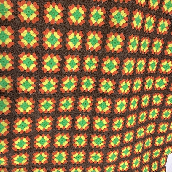 Vintage Handmade Brown Orange Yellow Green Crochet Granny Square Afghan Blanket - Picture 6 of 12